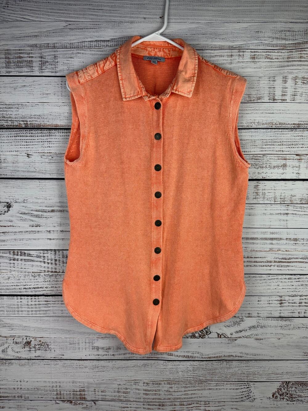 PBJ Blues Orange Sleeveless Snap Down Shirt Ramie Cotton Cottage Boho Festival M